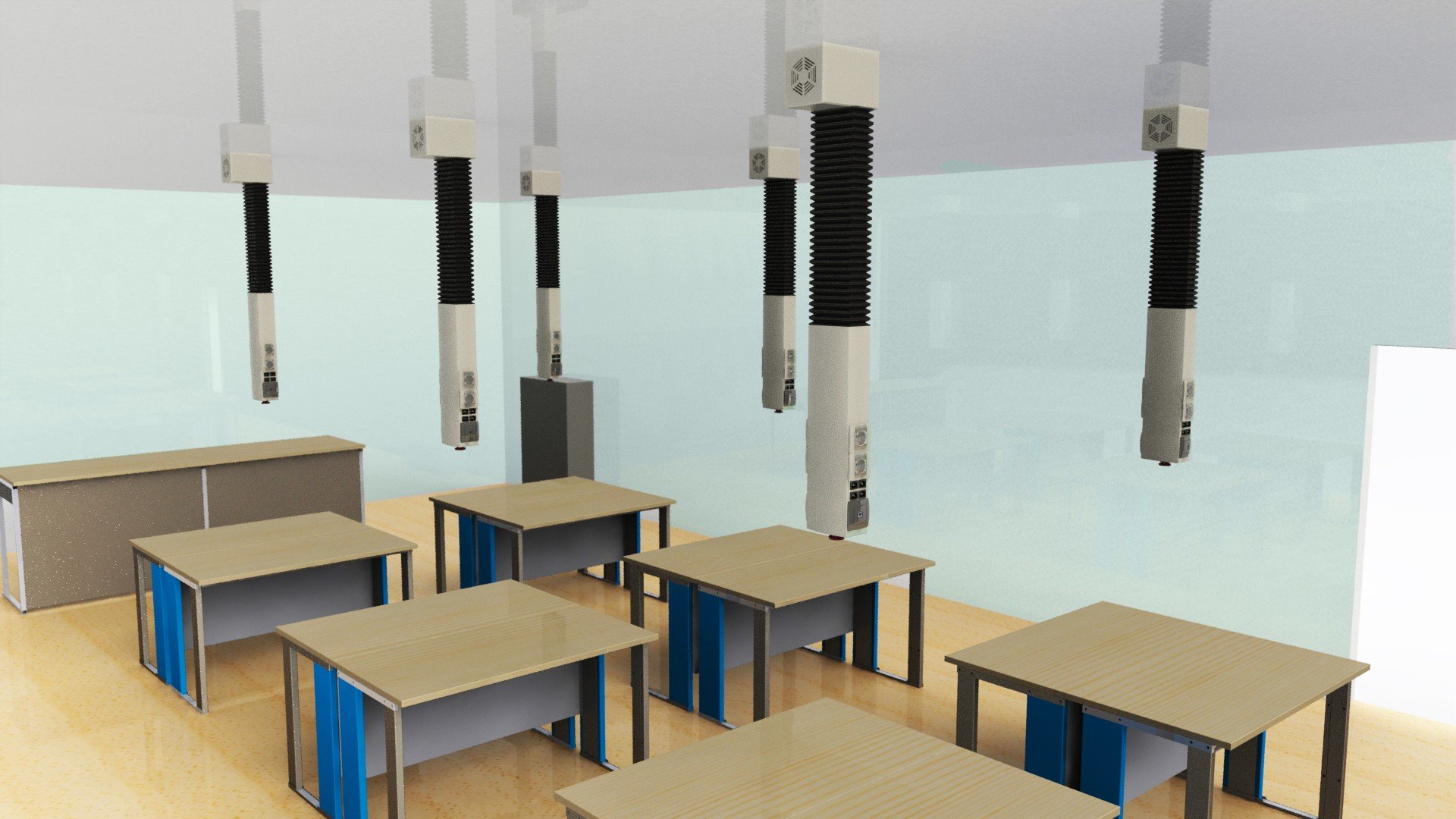 Рассчитана на 4 ученика, устанавливается по центру островных столов или по центру двух соединеных парт. Например, для класса на 24 ученика, необходимо 6 потолочных модулей. 
